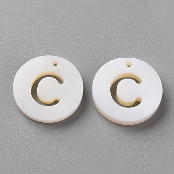 Natural Freshwater Shell Pendants, Flat Round with Letter, Letter.C, 12x1.5mm, Hole: 1mm