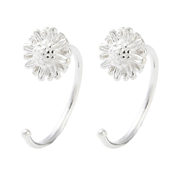 999 Sterling Silver Pull Through Earrings, Silver, Flower, 13x5mm