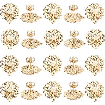 304 Stainless Steel Stud Earring Findings, with Loop and Ear Nuts/Earring Backs, Flower, Golden, 16x14mm, Hole: 1mm, Pin: 0.7mm, 20pcs/box