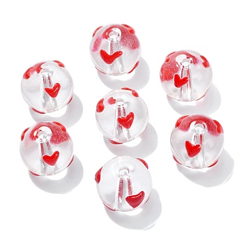 10Pcs Transparent Glass Enamel Beads, Round with Heart, Red, 13x12x11mm, Hole: 1.8mm
