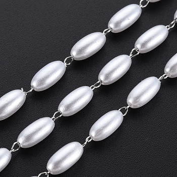 304 Stainless Steel & ABS Plastic Imitation Pearl Beaded Chains, Soldered, with Spool, Oval, Stainless Steel Color, 7.5x3.5mm, about 65.62 Feet(20m)/Roll