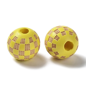 Wood Laser Engraved Tartan Beads, Round, Dyed, for DIY Craft, Yellow, 15.5~16x14.5mm, Hole: 4.5mm