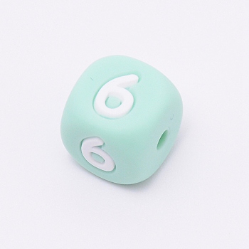 Silicone Beads, for Bracelet or Necklace Making, Arabic Numerals Style, Aquamarine Cube, Num.6, 10x10x10mm, Hole: 2mm