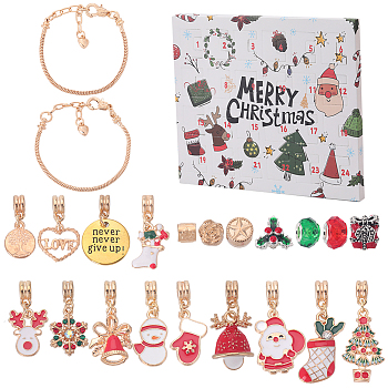 Christmas Theme DIY European Bracelet Making Kit, Including Brass Bracelet Making, Enamel & Rhinestone European Beads & Dangle Charms, Mixed Color, 24Pcs/box
