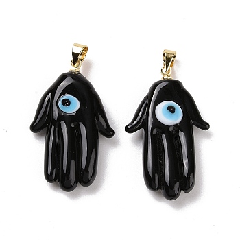 Handmade Lampwork Pendants, with Real 18K Gold Plated Brass Findings, Cadmium Free & Lead Free, Hamsa Hand/Hand of Miriam with Evil Eye, Black, 30x17x5.5mm, Hole: 5x3.5mm