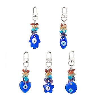 Blue Evil Eye Lampwork Pendant Decooration, 7 Chakra Natural & Synthetic Gemstone Chip Beads & Swivel Clasps Charms for Bag Ornaments, Mixed Shapes, 85~96mm