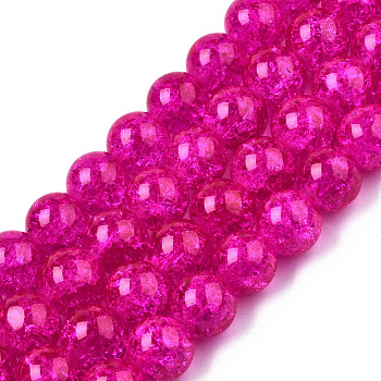 1Strand Fuchsia Transparent Crackle Glass Round Beads Strands, 10mm, Hole: 1.3~1.6mm, about 80pcs/strand, 31.4 inch