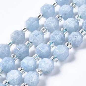 Natural White Jade Beads Strands, Imitation Aquamarine, with Seed Beads, Faceted, Polygon, 6x6mm, Hole: 1.2mm, about 47~48pcs/strand, 14.84 inch~14.96 inch(37.7cm~38cm)