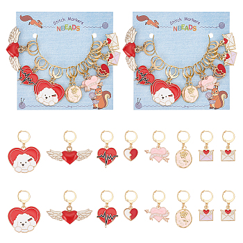 Valentine's Day Alloy Enamel Pendant Stitch Markers, Crochet Leverback Hoop Charms, Locking Stitch Marker with Wine Glass Charm Ring, Heart with Wing/Oval with Rose/Bear, Mixed Color, 3~4cm, 8 style, 2pcs/style, 16pcs/set, 2 sets/box