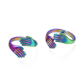 304 Stainless Steel Hug Hand Cuff Ring, Rainbow Color Open Ring for Women, US Size 5 1/4(15.9mm)