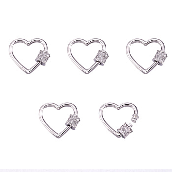 Brass Micro Pave Clear Cubic Zirconia Screw Carabiner Lock Charms, for Necklaces Making, Heart, Platinum, 17.5~18x20x5.5mm, Screw: 5x5.5mm