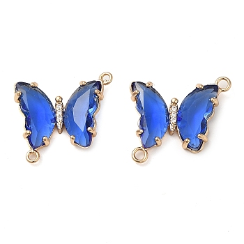 Brass Pave Faceted Glass Connector Charms, Golden Tone Butterfly Links, Blue, 20x22x5mm, Hole: 1.2mm