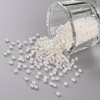 11/0 Grade A Transparent Glass Seed Beads, Inside Color, AB Color Plated, Snow, 2.3x1.5mm, Hole: 1mm, about 5380/50g