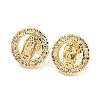 Brass Micro Pave Cubic Zirconia Ear Studs, Ring with Virgin Mary Pattern, Real 18K Gold Plated, 15.5mm