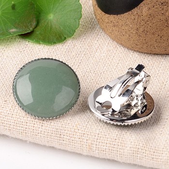 Natural Green Aventurine Dome/Half Round Clip-on Earrings, with Platinum Plated Brass Findings, 21mm