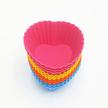 Reusable Silicone Cupcake Mold Set, Heart, Muffin Pan Baking Cups, Mixed Color, 70~75x70x30mm, 12pcs/set