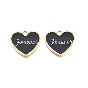 201 Stainless Steel Enamel Pendants, Heart with Word Forever, Stainless Steel Color, Gold, 18x20x2mm, Hole: 2.5mm