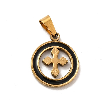 Vacuum Plating 201 Stainless Steel Pendants, Enamel Ring with Cross Charms, Golden, 20.5x17x2mm, Hole: 7x3.5mm