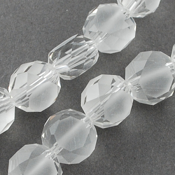 Frosted Glass Bead Strands, Faceted, Flat Round, Clear, 10x7mm, Hole: 1mm