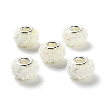 AB Color Resin Rose Flower European Beads, Rondelle Large Hole Beads, with Platinum Tone Alloy Double Cores, White, 14x9mm, Hole: 5mm