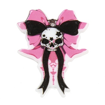 Halloween Theme Printed Acrylic Pendants, Skull with Bowknot Charms, Pink, 38x30x2.5mm, Hole: 1.4mm