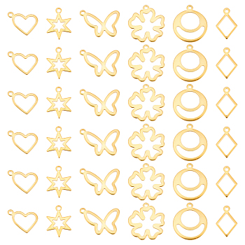 60Pcs 6 Style 201 Stainless Steel Charms, Hexagram & Rhombus & Flower & Round Ring & Heart & Butterfly, Golden, 10~19.5x9~20x0.8~1.2mm, Hole: 1.2~1.4mm, 10pcs/style