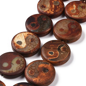 Feng Shui Tibetan Style Yin Yang Pattern dZi Beads Strands, Natural Agate Beads, Dyed & Heated, Frosted, Flat Round with Yin and Yang, Chocolate, 29~30.5x9~10mm, Hole: 2mm, about 10pcs/strand, 14.2 inch