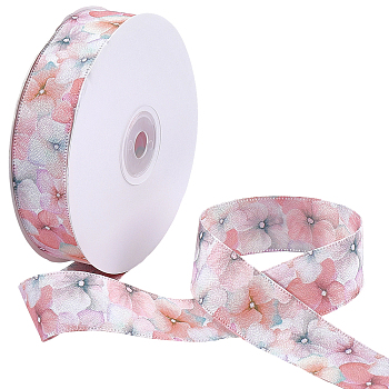 1Roll Single Face Printed Polyester Satin Ribbon, Flower Pattern, for Gift Packaging, Pink, 1 inch(25mm), about 20.00 Yards(18.29m)/Set