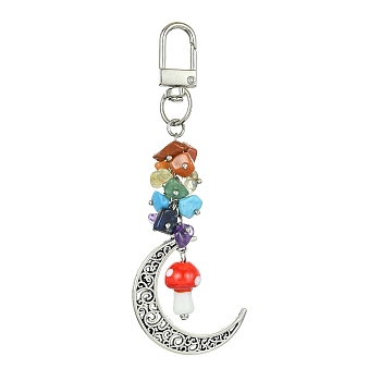 Moon Alloy Pendant Decoraiton, with Gemstone Chip Beads and Mushroom Handmade Lampwork Beads, Alloy Swivel Clasps, Chakra, Red, 103mm