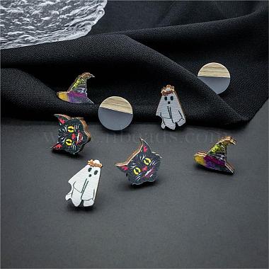 Halloween Whitch Hat Ghost Cat Wood Stud Earring Sets(EJEW-OY002-03)-4
