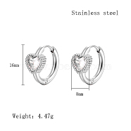 Cubic Zirconia Hoop Earrings, 304 Stainless Steel Earrings, Heart, 16x8mm(VX9431-02)