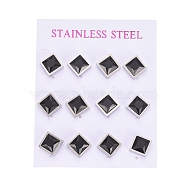 Cubic Zirconia Stud Earrings, with 304 Stainless Steel Findings, Square/Rhombus, Black, 12.2x12.2mm, Pin: 0.6mm, 6pairs/card(EJEW-G267-02P)