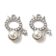 Alloy with Rhinestone Pendants, with ABS Imitation Pearl, Cat Charms, Platinum, 23x17.5x8.5mm, Hole: 1.8mm(FIND-B032-03P)