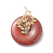 Natural Red Jasper Pendants, with Ion Plating(IP) Golden Color Tone 304 Stainless Steel Findings, Leaf with Donut/Pi Disc Charm, 37~38x30x10~11mm, Hole: 3mm(G-E088-03G-08)
