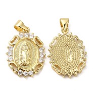 Rack Plating Brass Micro Pave Cubic Zirconia Pendants, Cadmium Free & Lead Free, Oval with Saint, Real 18K Gold Plated, 21.5x16x2.5mm, Hole: 4.5x3.5mm(KK-M252-04G)