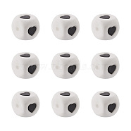 Food Grade Eco-Friendly Silicone Beads, Chewing Beads For Teethers, DIY Nursing Necklaces Making, Cube with Heart, White, Black, 12x12x12mm, Hole: 3mm(FIND-BY0001-21)