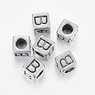 304 Stainless Steel Large Hole Letter European Beads, Cube with Letter.B, Antique Silver, 8x8x8mm, Hole: 5mm(STAS-H428-01AS-B)