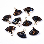 Fan Assembled Synthetic Bronzite and Regalite/Imperial Jasper Pendants, with Iron Loop and Light Gold Plated Brass Top, Dyed, Blue, 18~19x18~19x5~6mm, Hole: 2mm(G-N330-024-D01)