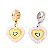 304 Stainless Steel European Dangle Charms, Large Hole Pendants, with Enamel, Golden & Stainless Steel Color, Heart, Pink, 21mm, Hole: 4.5mm(STAS-I192-18-03)