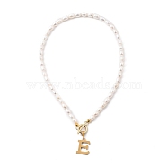 304 Stainless Steel Pendant Necklaces, with Natural Cultured Freshwater Pearl Beads and Toggle Clasps, Letter, Golden, Letter.E, 15.94 inch(40.5cm), Letter E: 20x14.5x1.5mm(NJEW-JN03090-03)
