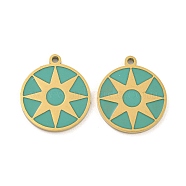 316 Surgical Stainless Steel Enamel Pendants, Flat Round with Sun Charm, Golden, Light Sea Green, 18x16x1.5mm, Hole: 1.5mm(STAS-M073-15G)