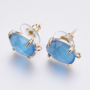 Faceted Glass Stud Earring Findings, with Loop, Light Gold Plated Brass Findings, Oval, Deep Sky Blue, 14x10x5mm, Hole: 1mm, Pin: 0.8mm(GLAA-F084-A04)