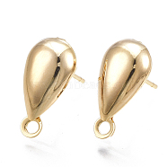 Brass Stud Earring Findings, with Loop, Teardrop, Nickel Free, Real 18K Gold Plated, 17x8.5mm, Hole: 1.8mm, Pin: 0.8mm(KK-T038-467G)