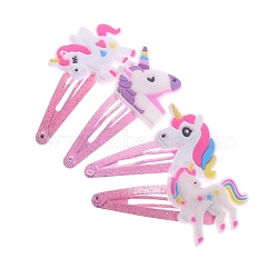 4Pcs 4 Style Cute Unicorn Children's Alloy Hair Clips, Snap Hair Clips for Girl, Hot Pink, 50x30mm(PW-WG758B6-01)