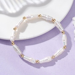Natural Baroque Keshi Pearl & Brass Beaded Stretch Bracelets for Women, Rice, Real 18K Gold Plated, White, Inner Diameter: 2.13 inch(5.4cm)(BJEW-JB13685)