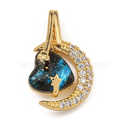 Rack Plating Brass Micro Pave Cubic Zirconia Pendants, with Resin, Long-Lasting Plated, Moon & Heart, Real 18K Gold Plated, 21.5x15.5x9mm, Hole: 4.5x3mm(KK-U035-19G)