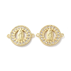 Rack Plating Brass Cubic Zirconia Virgin Mary Connector Charm, Long-Lasting Plated, Lead Free & Cadmium Free, Flat Round Links, Real 18K Gold Plated, 17x22x3mm, Hole: 1.4mm(KK-C084-01F-G)