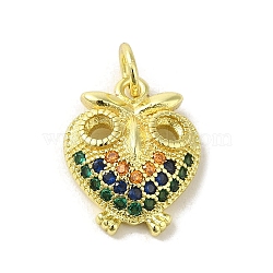 Brass Micro Pave Cubic Zirconia Pendants, Real 18K Gold Plated, Owl Charms, Colorful, 15x12x3.5mm, Hole: 3mm(KK-M283-24D-02)