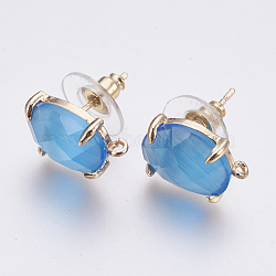 Faceted Glass Stud Earring Findings, with Loop, Light Gold Plated Brass Findings, Oval, Deep Sky Blue, 14x10x5mm, Hole: 1mm, Pin: 0.8mm(GLAA-F084-A04)