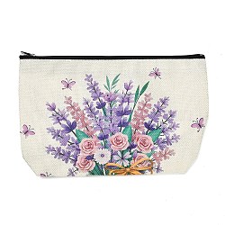 Lavender Printed Linen Storage Zipper Clutch Bags, Makeup Bags, Rectangle, Lilac, Flower, 161x256x3mm, Unfold: 161x256x78mm(ABAG-Z002-02A)
